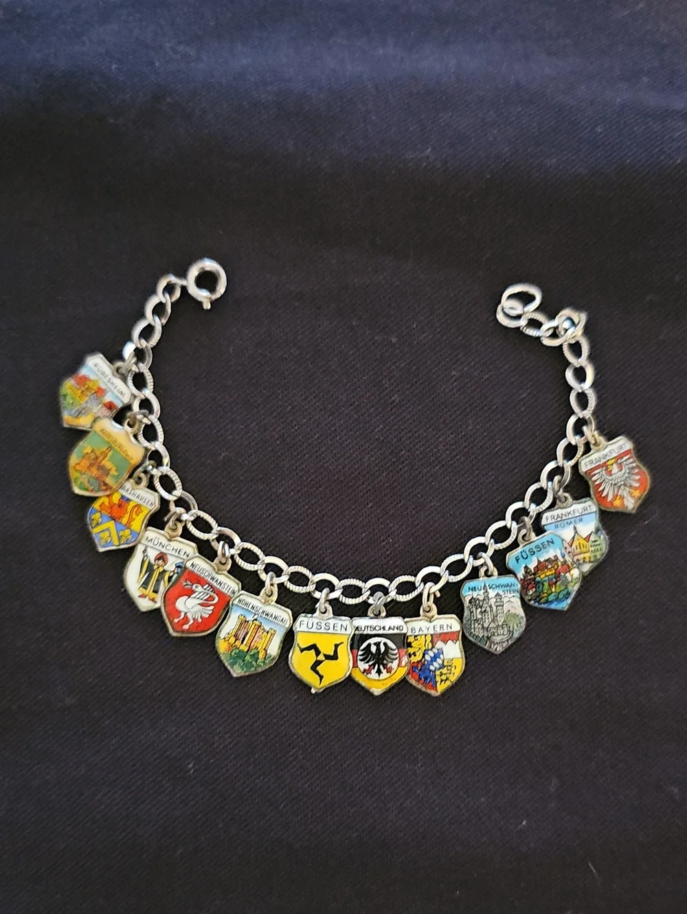 Vintage European Travel Shield Charm Bracelet